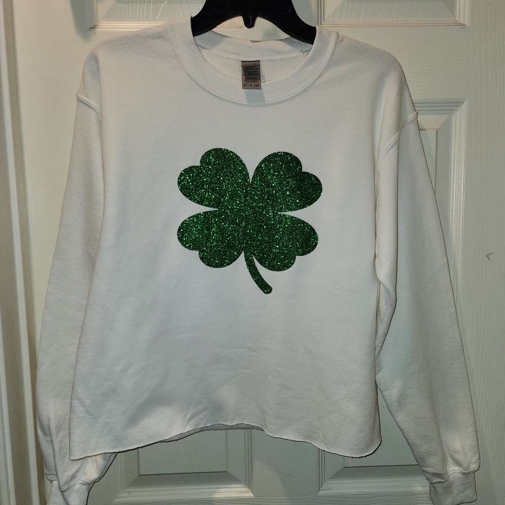 Gildan White Sweatshirt with Green Glitter Design